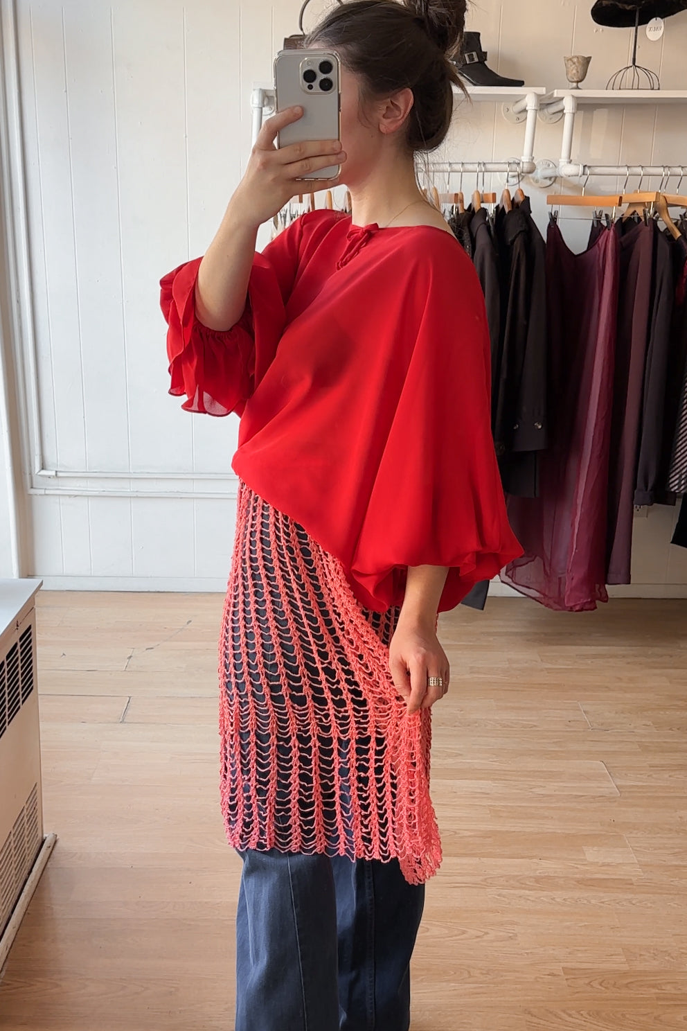 70s Ruby Georgette Poet Top