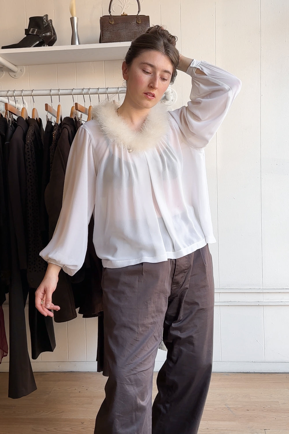 80s Sheer Boa Collar Blouse