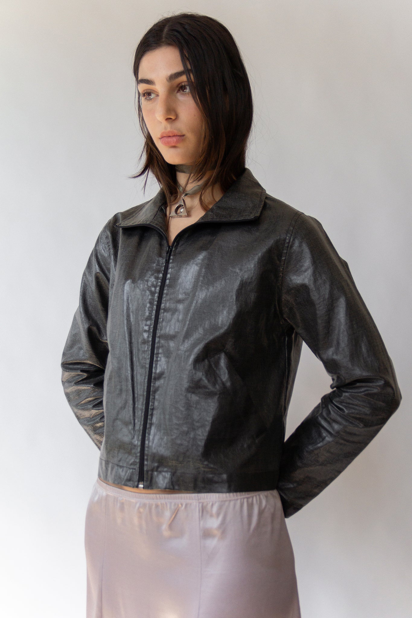90s Black Waxed Linen Jacket