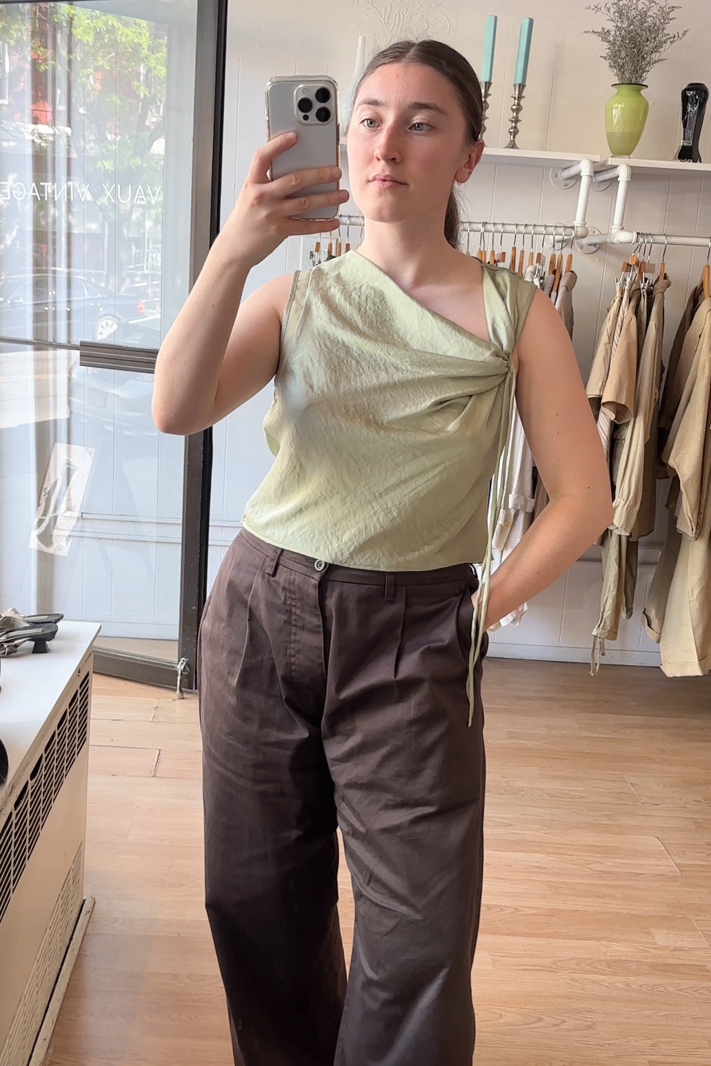EDIT Celery Satin Knot Top