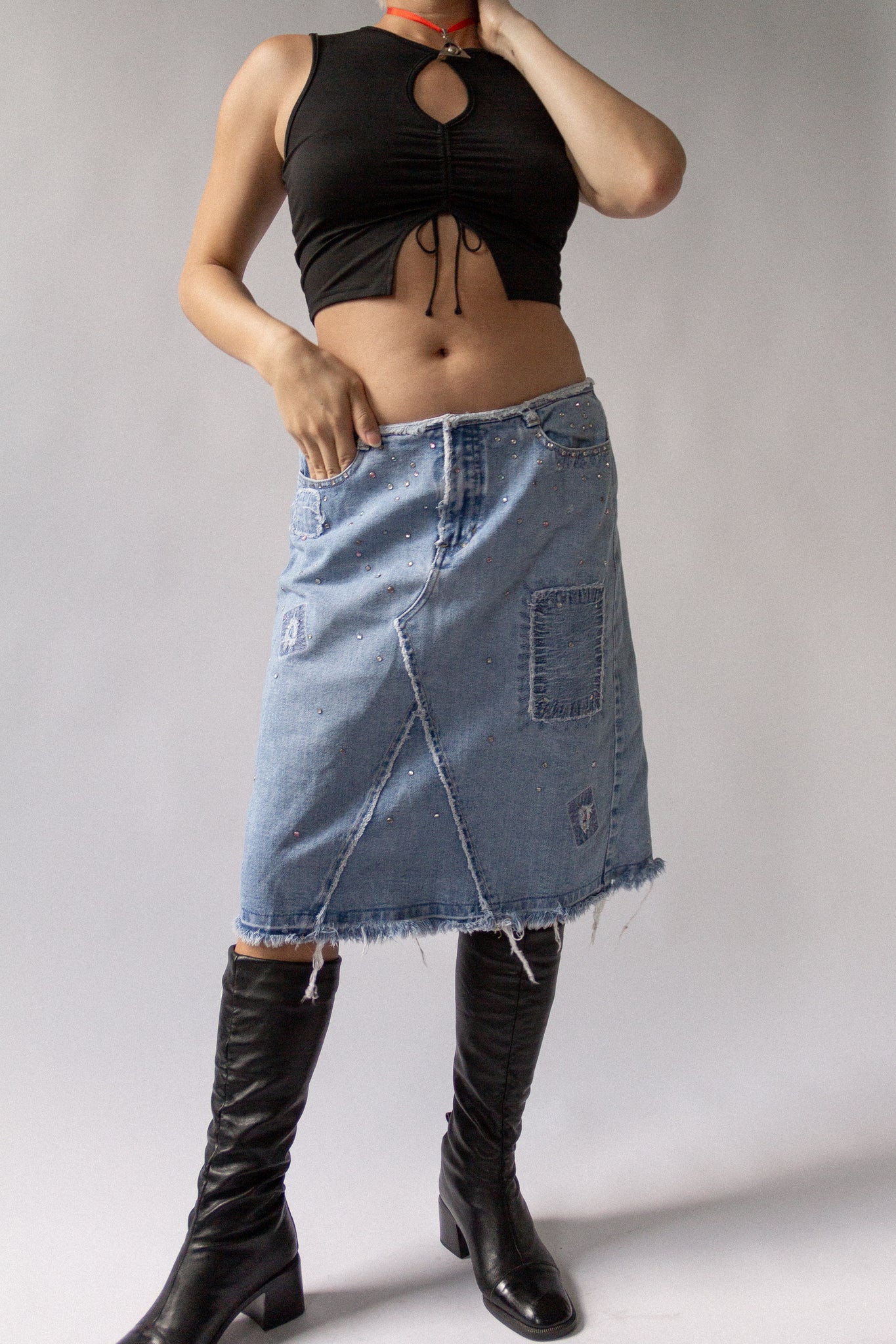Y2K Rhinestone Denim Skirt